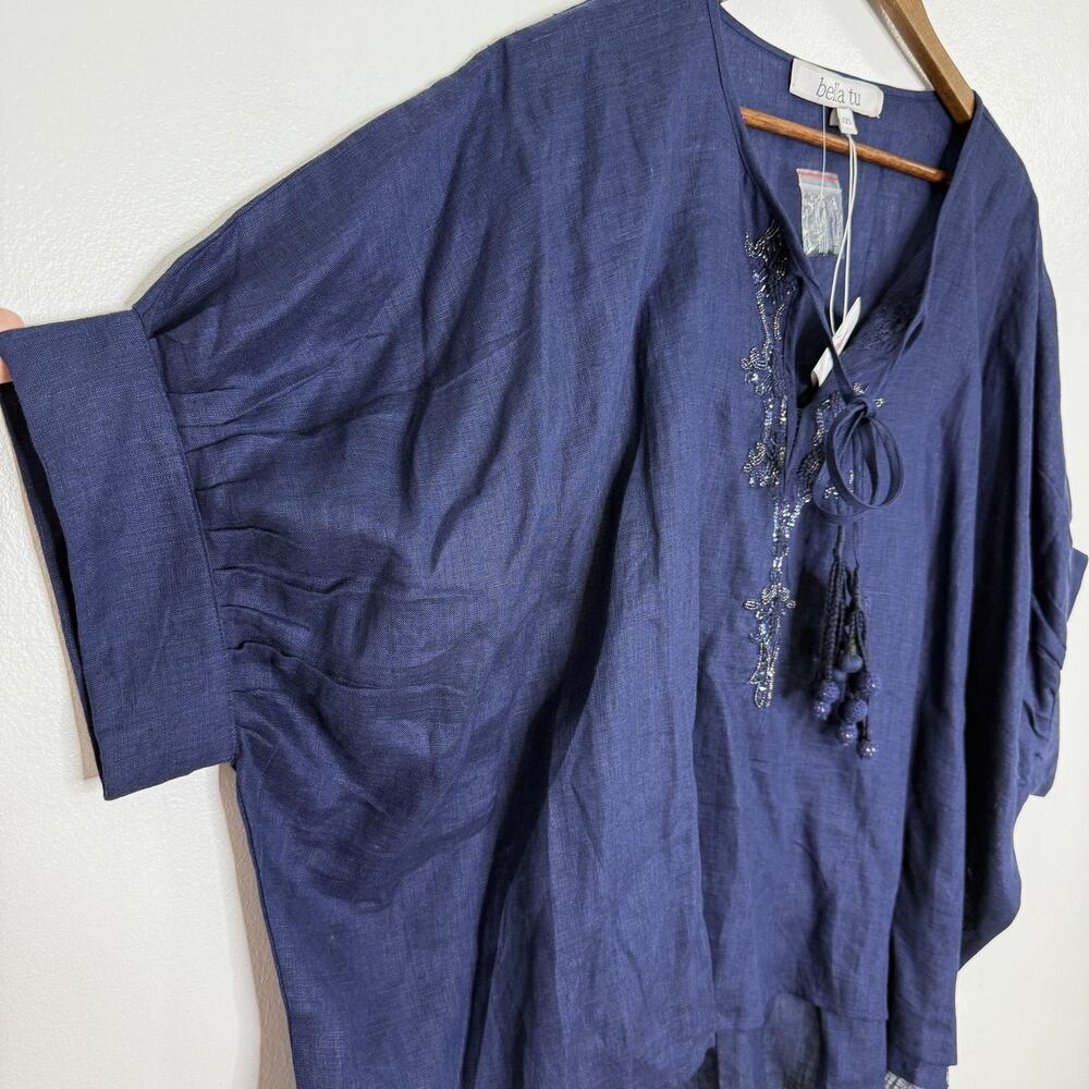 Bella Tu Tunic Top Womens One Size Blue 100% Linen Beaded Tassel Boho Kimono NEW